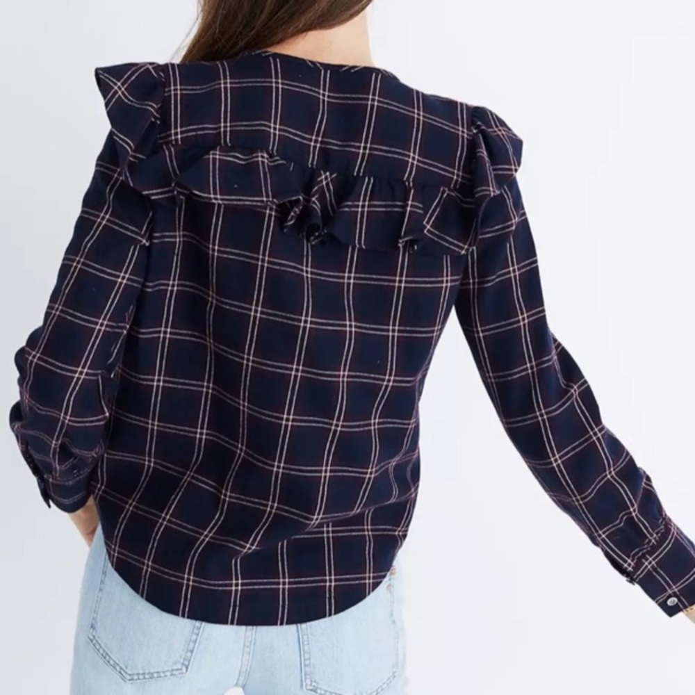Madewell | Navy Plaid Ruffle Yoke Flannel Shirt Size Medium - Picture 3 of 7